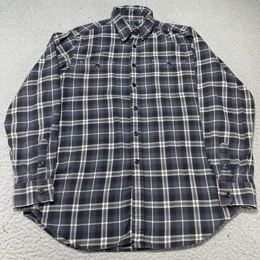 Polo Ralph Lauren Shirt Mens Large Navy Blue Plaid Flannel Button Up Casual‎